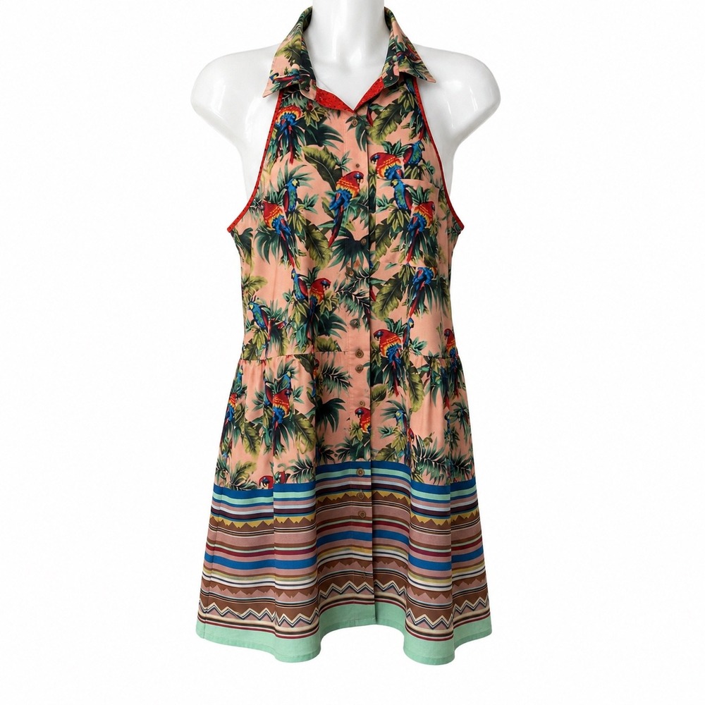 Dream‎ Daily Parrot Print Halter Dress Tropical Macaw Striped Mini Peach Small